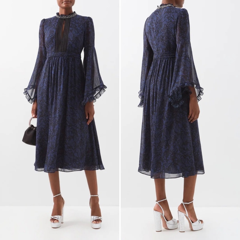 Saloni Hope Beaded-Collar Floral-Print Silk Dress Size 0 Navy Blue Embellished